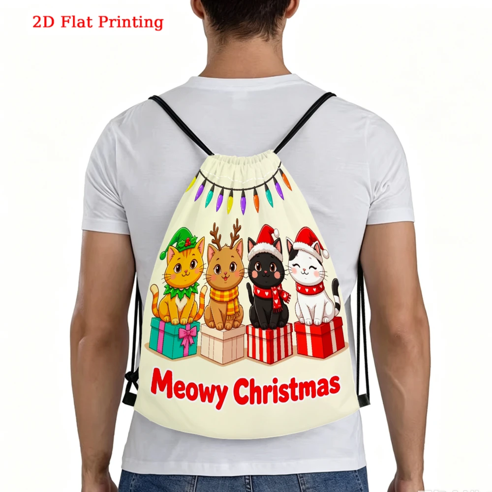 Cute Cartoon Style, Drawstring Backpack, 2D Flat Printing Meowy Christmas Cats Pattern, Fitness Sports Bag, Outdoor Travel Draws