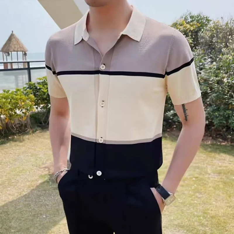 

Casual Knitted Thin Breathable Shirts Men Fashion Striped Slim Knit Top For Mens Summer Short Sleeve Button Lapel Knitting Shirt