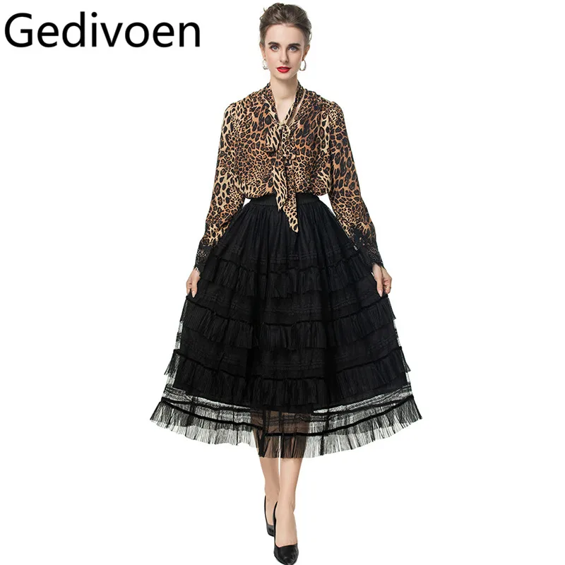 

Gedivoen Spring and Summer Women's Suit V-Neck Long-Sleeved Lace-Up leopard print Tops+Ruffles Slim Half skirt 2-piece set