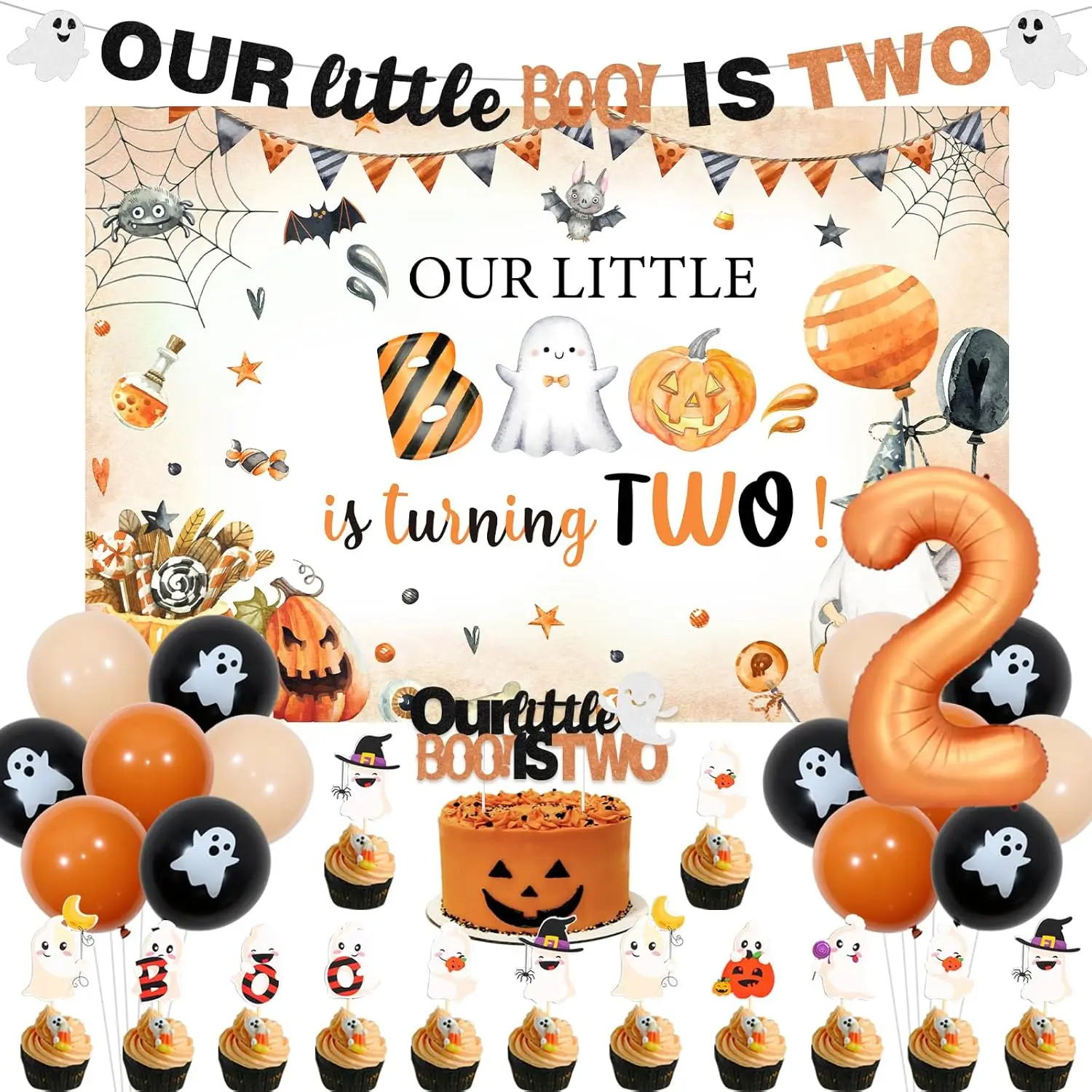 Sursurprise Halloween Party Orange Backdrop Banner Cake Cupcake Toppers Foil Balloon for 2nd Birthday Party Decor Supplies