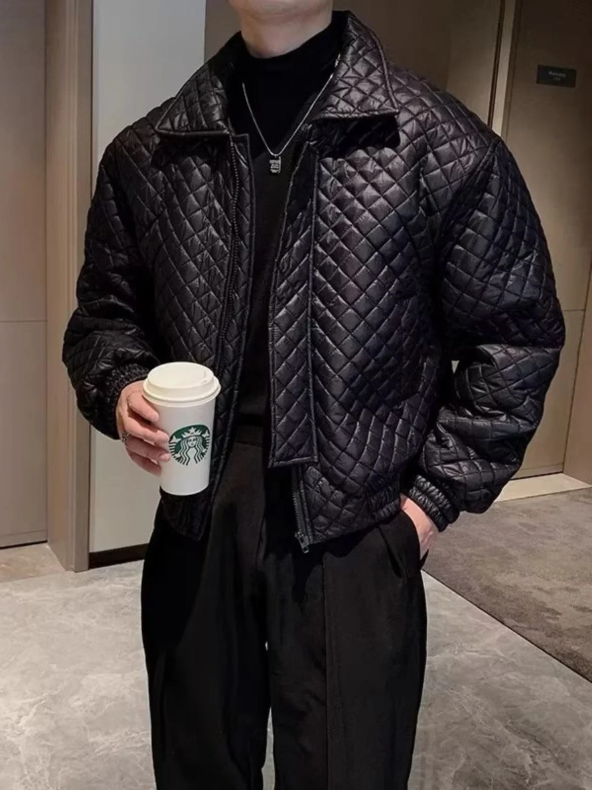 

Winter Men's Cotton Jaet ort Diamond Plaid 2024 New High-End Cool Cotton Coat Men's Outerwear Warm Long Sve Zipper Clo...
