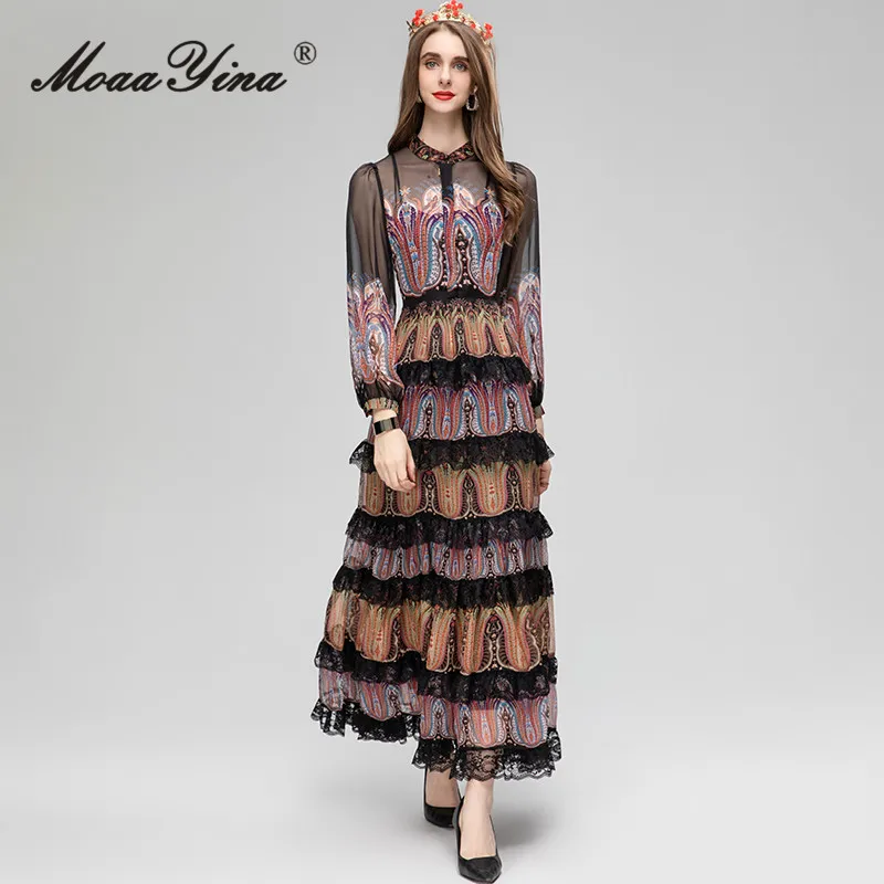 

MoaaYina Summer Fashion Designer Vintage Print Mesh Dress Women's O-neck Long Sleeve High Waist Lace Ruffles Spliced Long Dress