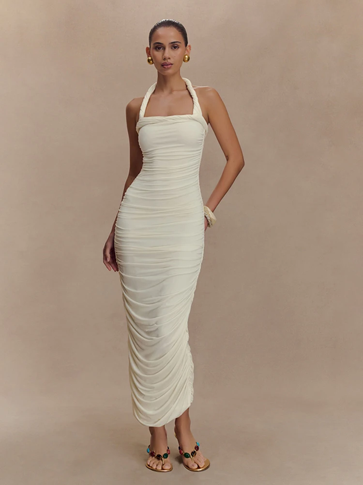 

Macheda Y2K Solid Style Maxi Dress Women Twist Strip Halter Sexy Backless Stretch Vacation Beach Party Ruched Elegant Vestidos