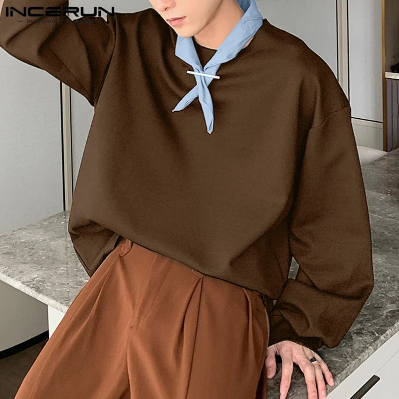 INCERUN Tops 2024 Korean Style Fashion Men Scarf Design Pullover Casual Streetwear Male All-match Long Sleeved Sweatshirts S-5XL