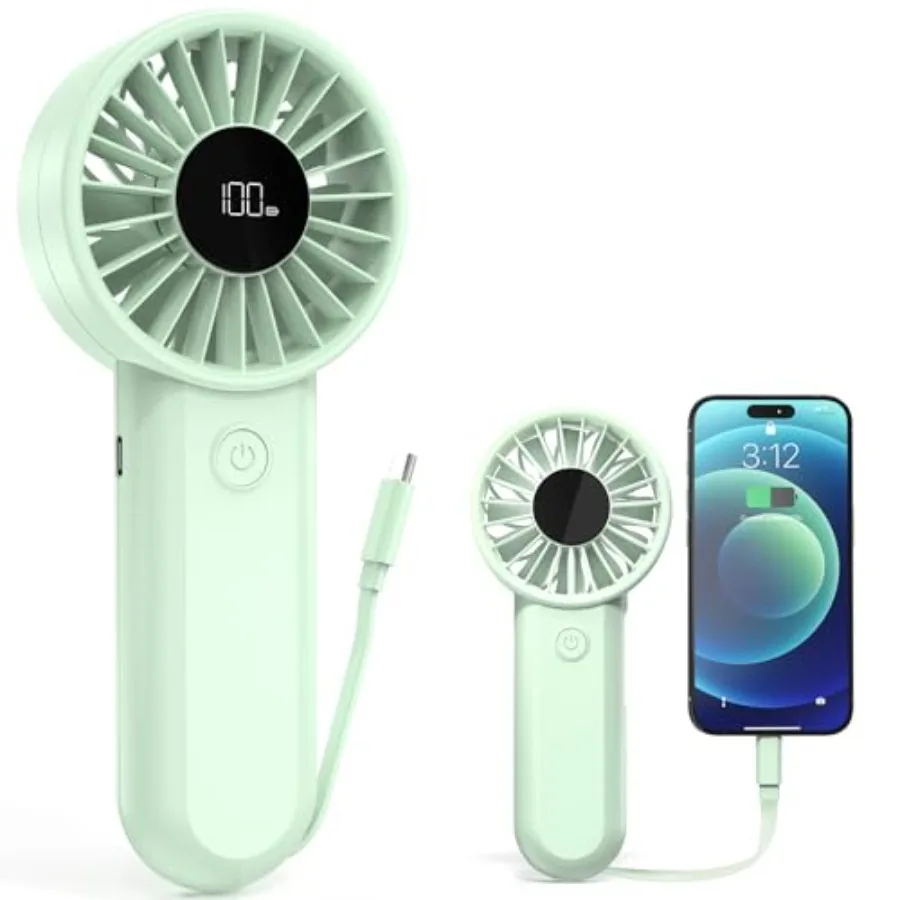 

Handheld Fan Rechargeable, Built-in Type-C Cable, 5-Speed Personal Fan with LED Display, Max 12H Runtime, Portable Fans for Tra