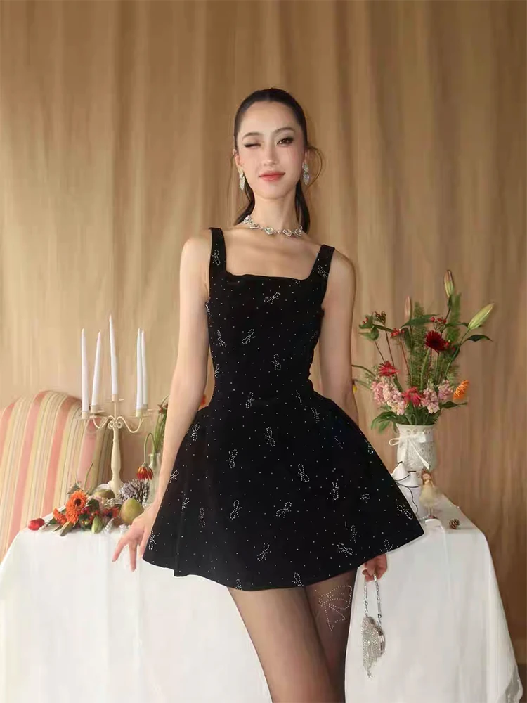 

Hebe Style Black Strapless Dress Women's Summer New High Waist Luxury Elegant Short Skirt Polka Dot Print Casual Maxi Dress