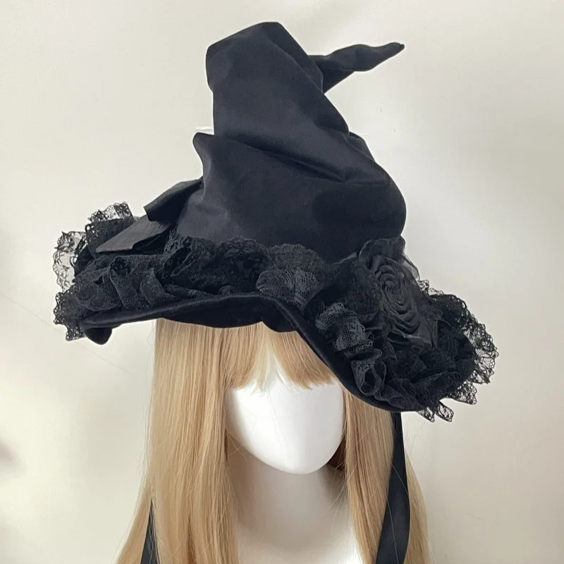 New Gothic Handmade Harajuku Flower Witch Hat Cosplay Lolita Devil Bow Velvet Lace Halloween Women Magic Witch Hat