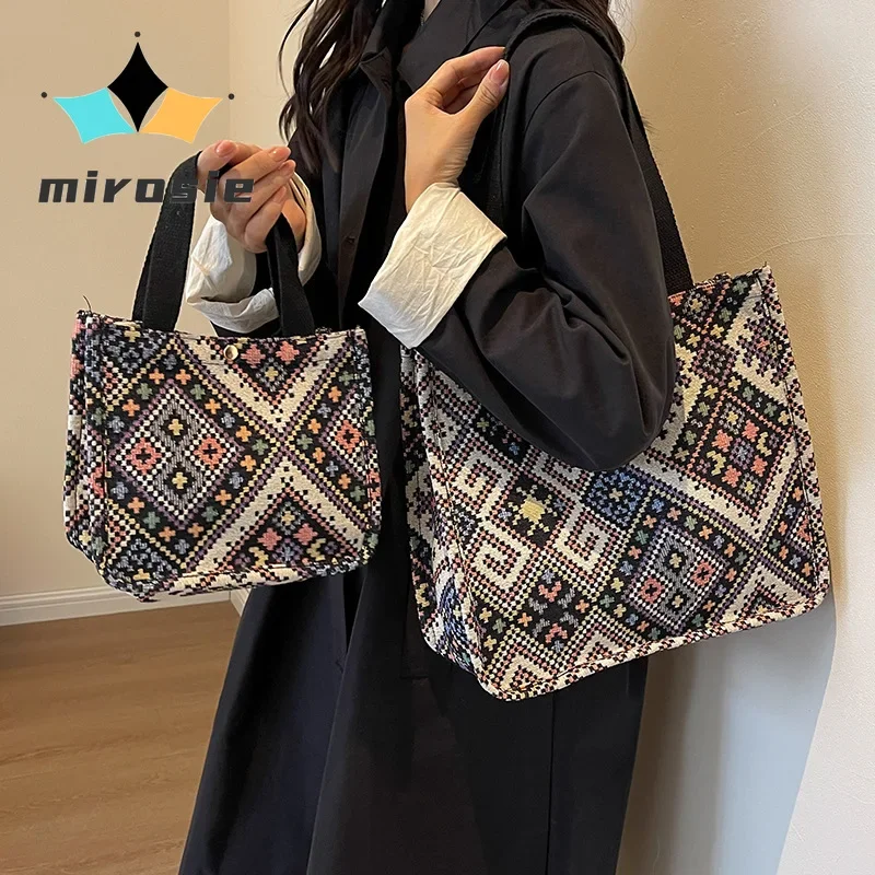 

MIROSIE-Large Canvas Tote Bag for Women, Ethnic Style Handbag, Zipper Closure, Multiple Pockets for Shopping, New Arrival