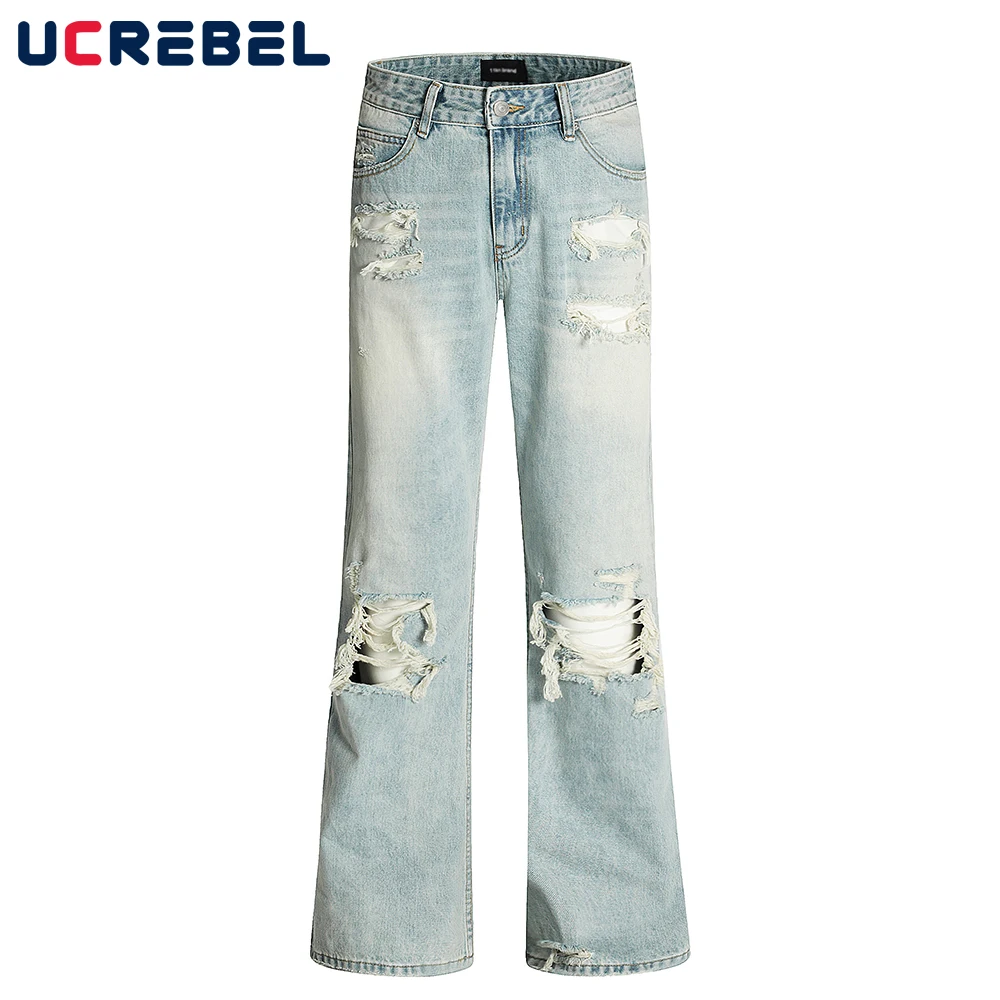 

Retro Beggar Jeans Men Pocket High Street Washed Distressed Denim Flare Pants Men Trousers