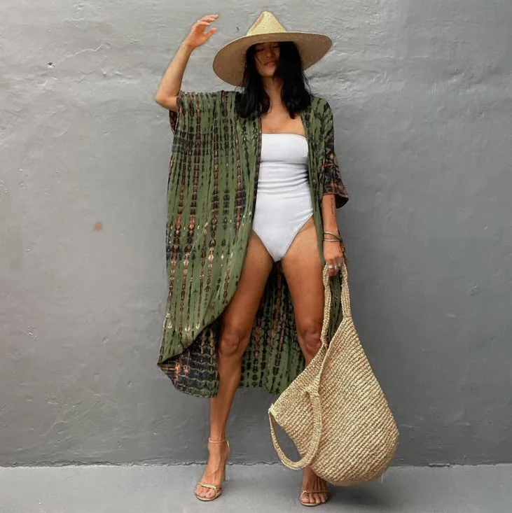 Beach Cover Ups for Women Kimono Cardigan Tie-dye Pattern Print Tunic Belted Wrap Dresses 2023 Summer Trend Bathing Suits