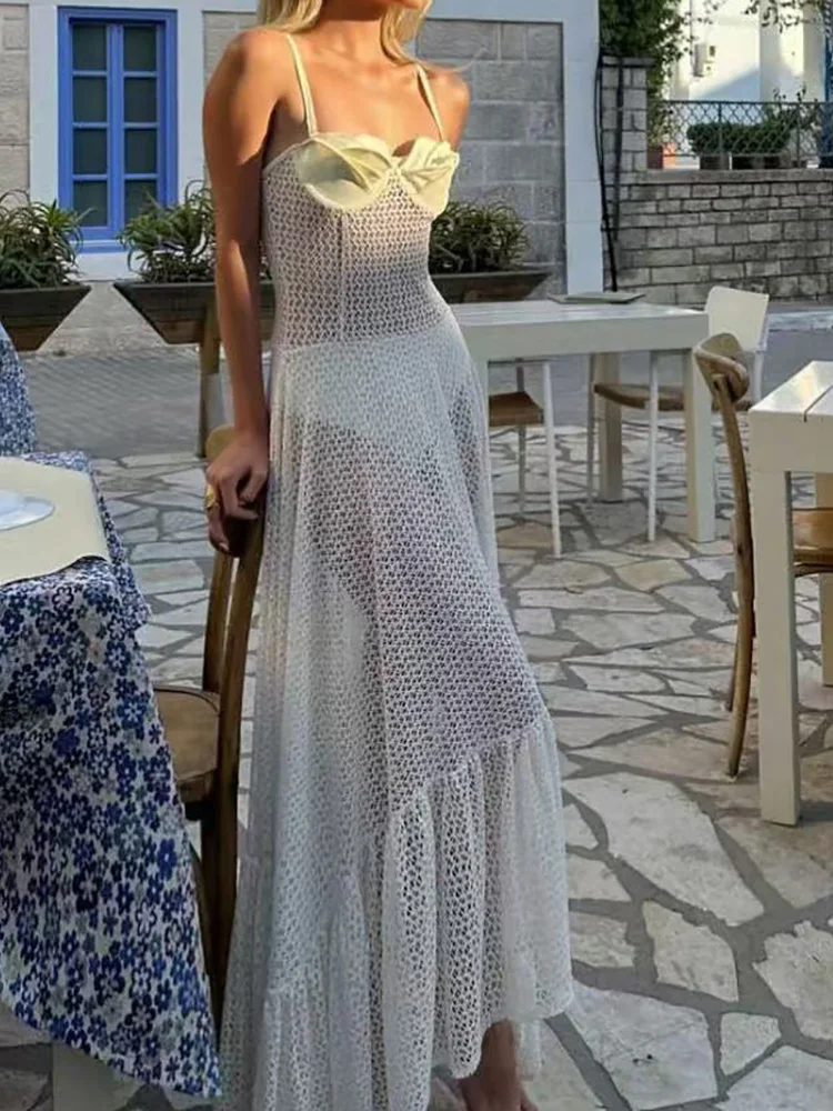 Sleeveless Backless Hollow Out Maxi Dress, Women Summer Sheer Patchwork Simple Party Dress, New Beach Style Fashion Ladies Dress