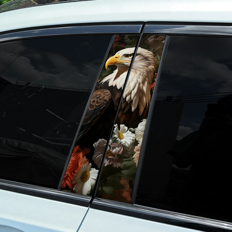 1pc/2pcs Flowers and Bald Eagle Car B-pillar Stickers Waterproof Sunscreen Auto Vinyl Decals Cartoon Automobile Decoration