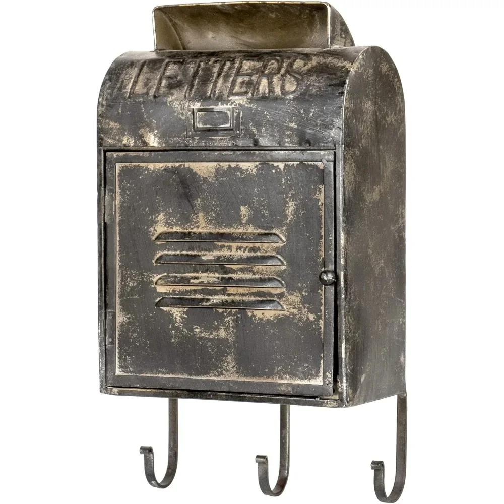 

11” x 20” French Vintage Embossed Metal Wall Mount Mailbox with 3 Hooks - Distressed Black Decor