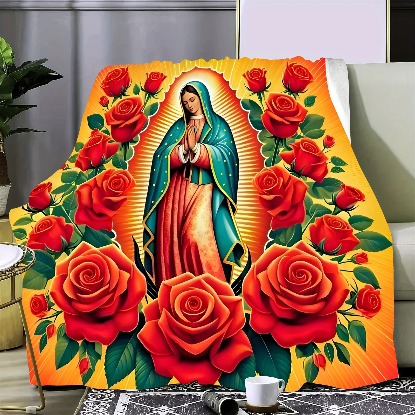 Virgin Mary Our Lady of Guadalupe Red Roses Blanket Soft Warm All Season Cozy Throw Gift Bed Couch Wrap Decor