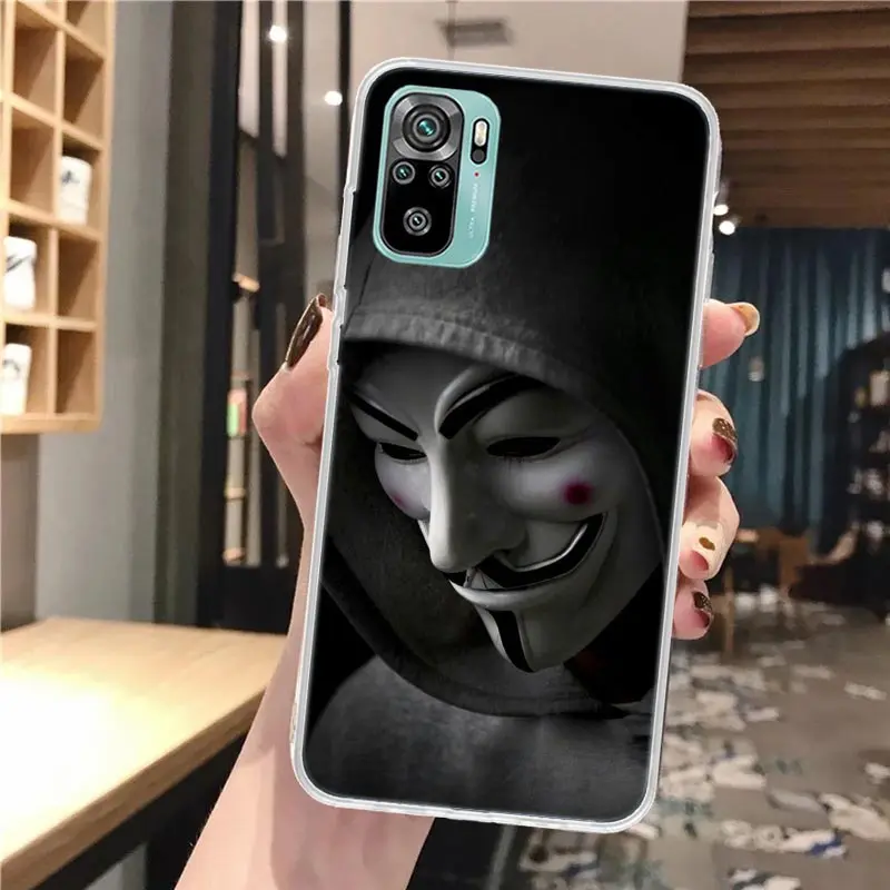 Anonymous V for Vendetta Mask Soft Phone Case For Xiaomi Redmi Note 10 10S 11 11S 11T 9 9S 8T 8 12 11E Pro Plus 7 6 5 Pattern Co