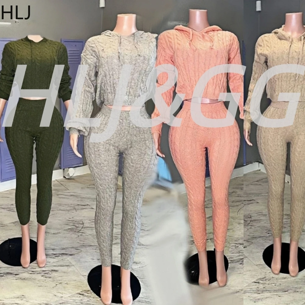

HLJ Casual Knitting Sweater Skinny Pants Two Piece Sets Women Hooded Long Sleeve Crop Top And Pants Outfits Autumn Tracksuits