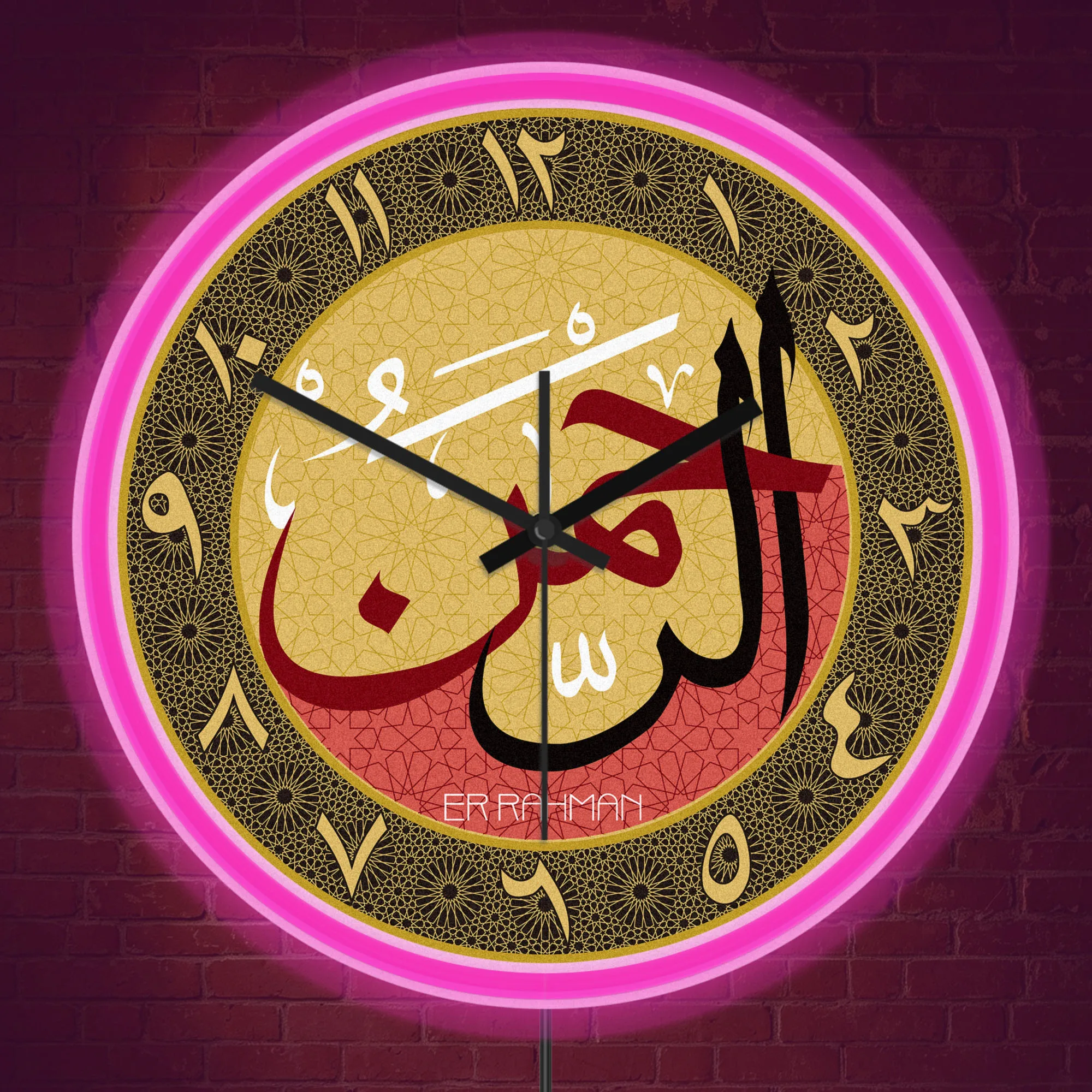 Vintage Ar-Rahman Islamic Arabic Calligraphy LED Neon Light Wall Clock Glow in Dark for Muslim Family Celebrations Ramadan Gift