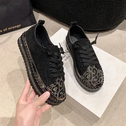 Crystal Luxury Flats Platform Shoes Women Sneaker Designer 2025 Autumn Suede Loafers Lace Up Trend Leopard Canvas Zapatos Mujer