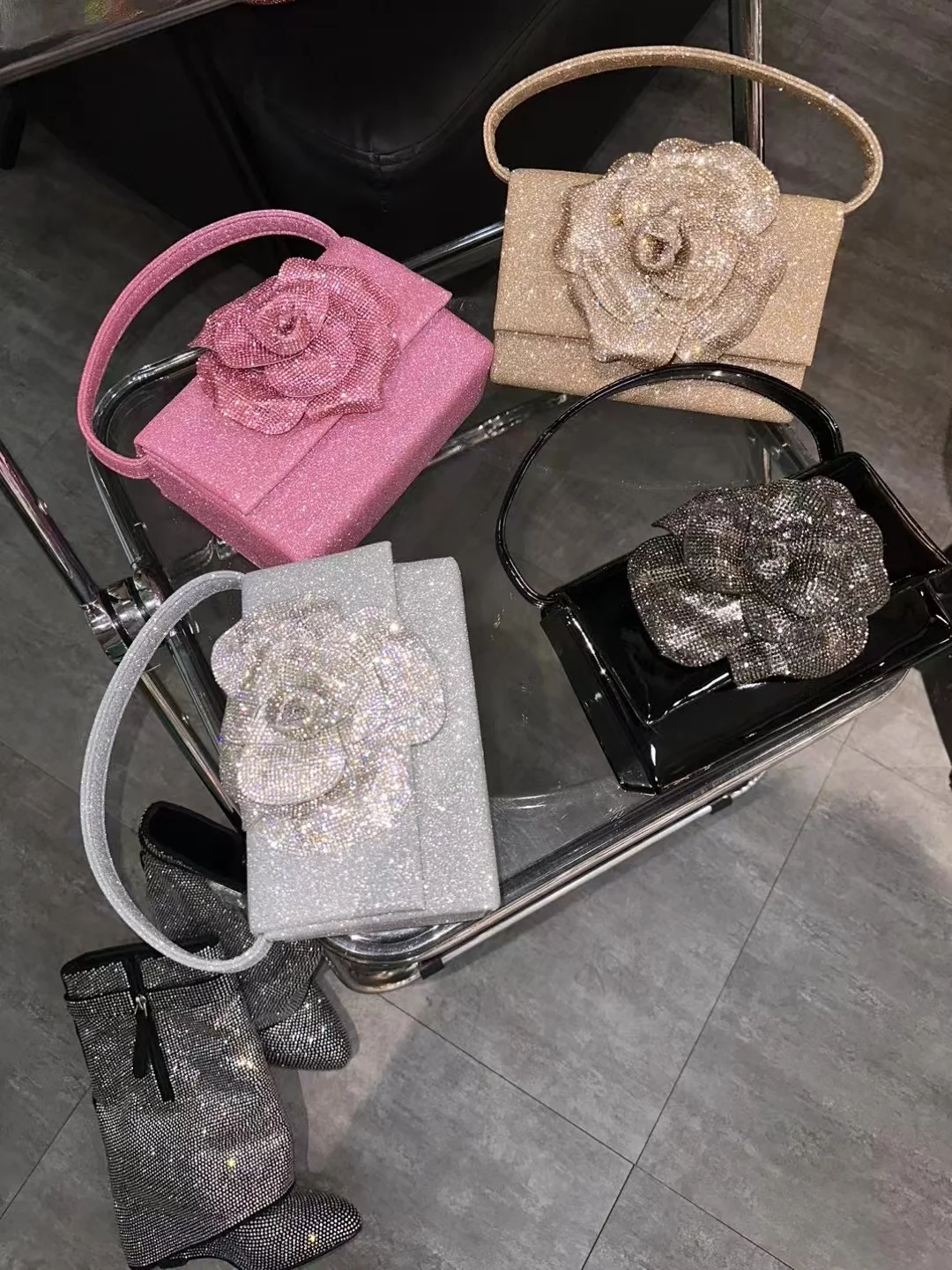 Luxury Glitter Shiny Floral Square Bag Women's Handbag Fashion Evening Bag Wedding Party Clutch Purse Shoulder Crossbody Bag