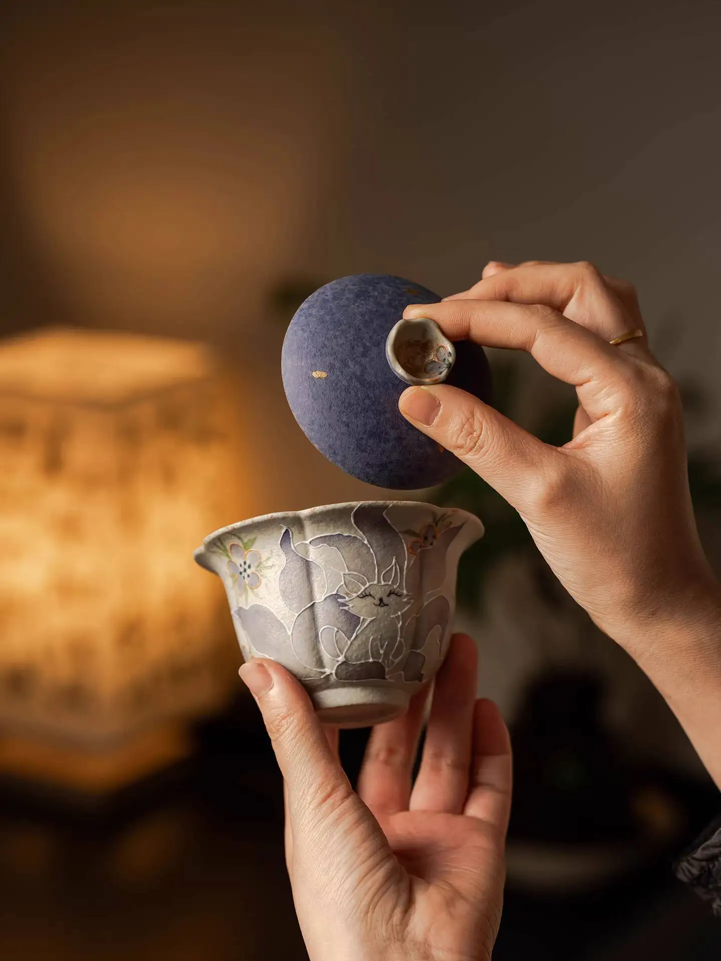 Purple Cloud Hand-Painted Ceramic Nine-Tailed Fox Bowl For Home Use, Personal Bowl, Brewing Tool, Women's Kung Fu Tea Set