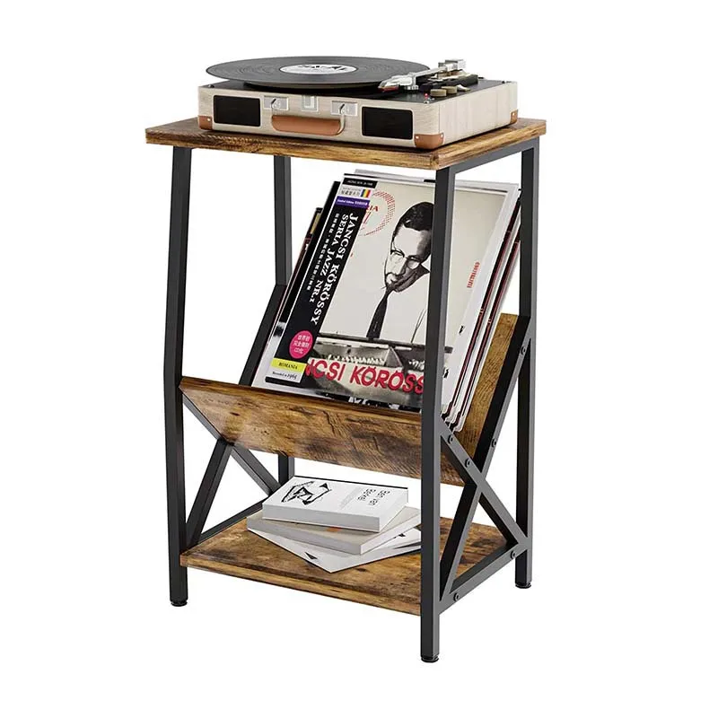Floor-standing Multi-layer Record Player Stand Bedroom Bedside Table Storage Rack Iron Wood Vinyl Record Organizer