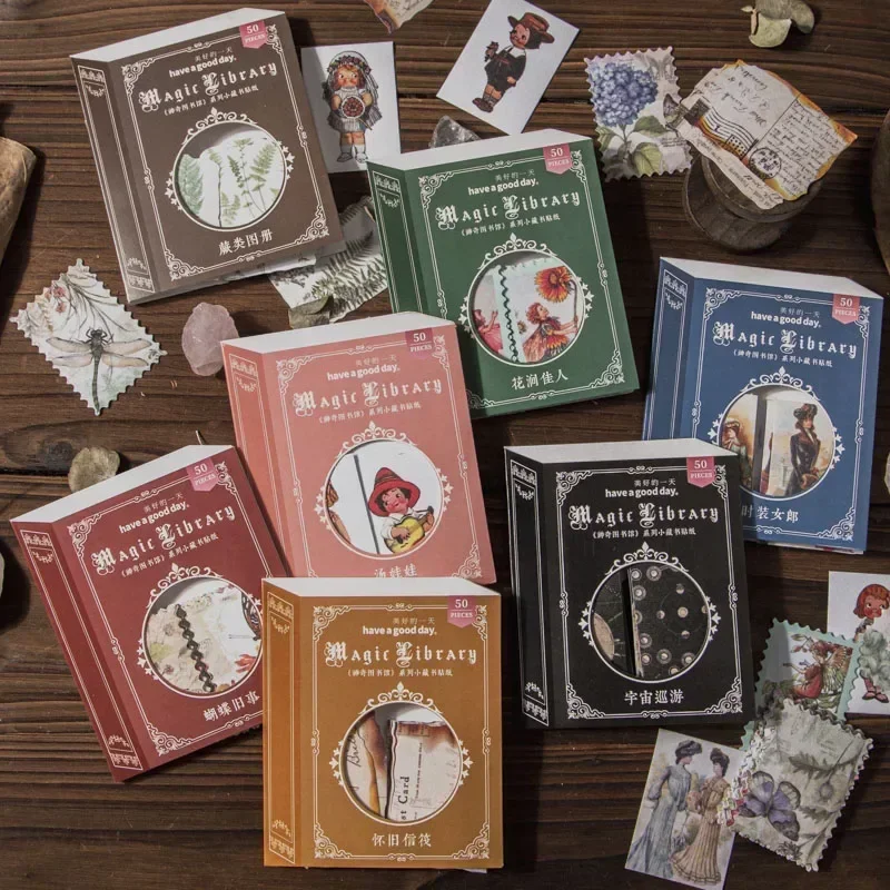 

Серия библиотеки, мини-наклейки для книг, 8 видов конструкций, 50 шт., винтажный декор библиотеки для наслоения журнала, коллажа