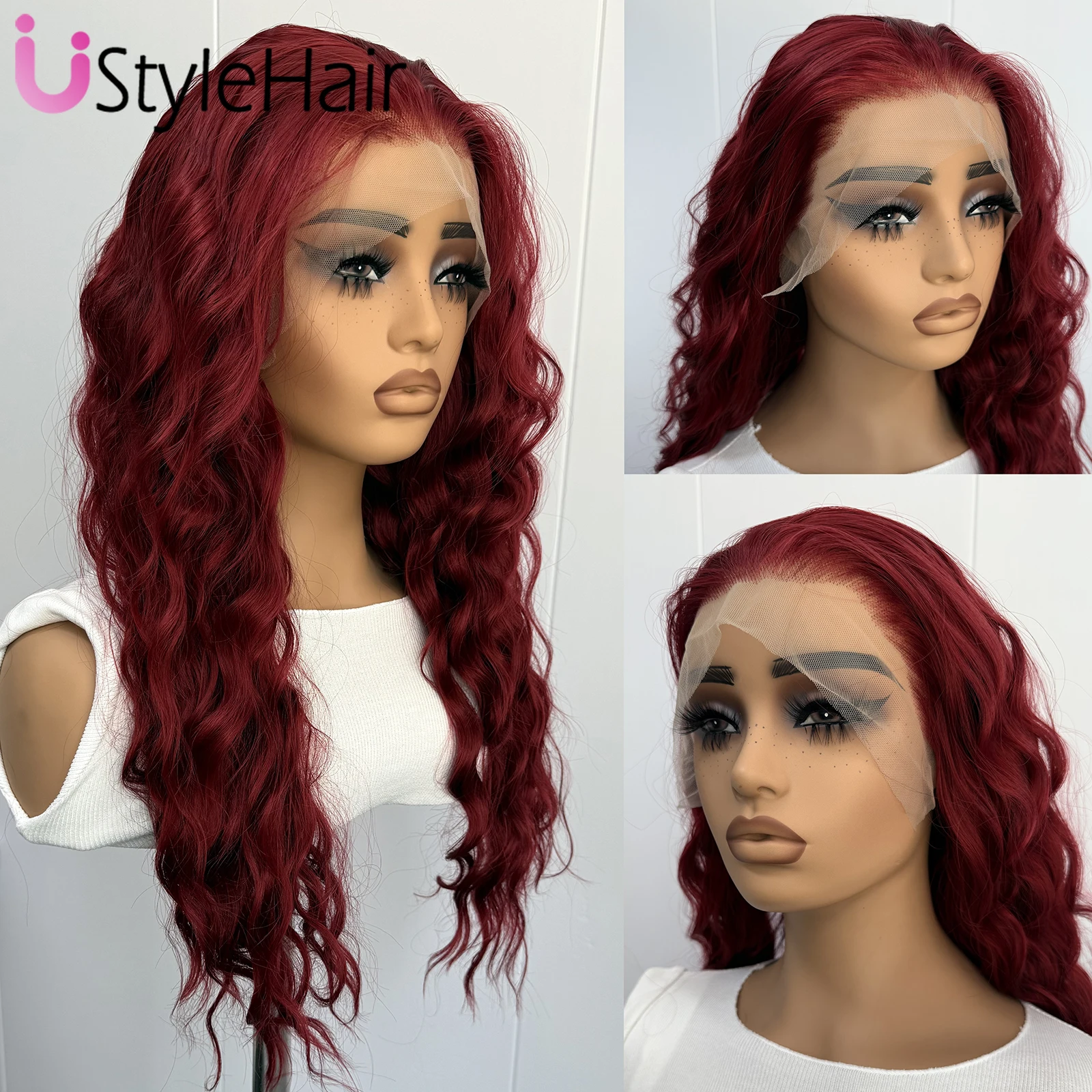 UStyleHair بورجوندي الدانتيل شعر مستعار أمامي طويل الجسم موجة الشعر الاصطناعية 13x4 غلويليس شعري طبيعي الباروكات ارتداء اليومي تأثيري الباروكات