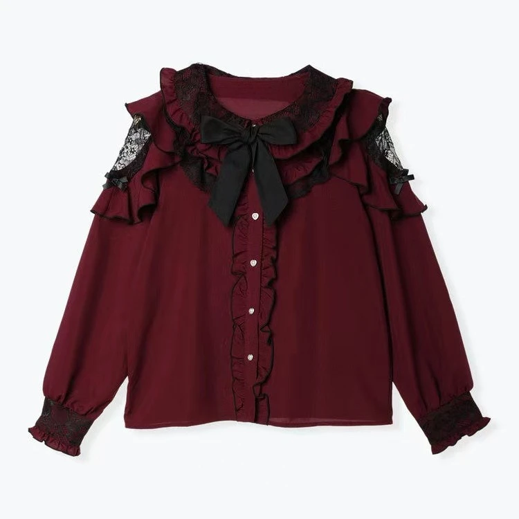 Japanese Style Sweet Cute Shirts Girl Long Sleeve Kawaii Cute Lace Blouse Lolita Bow Casual Aesthetic Shirt Woman Chic