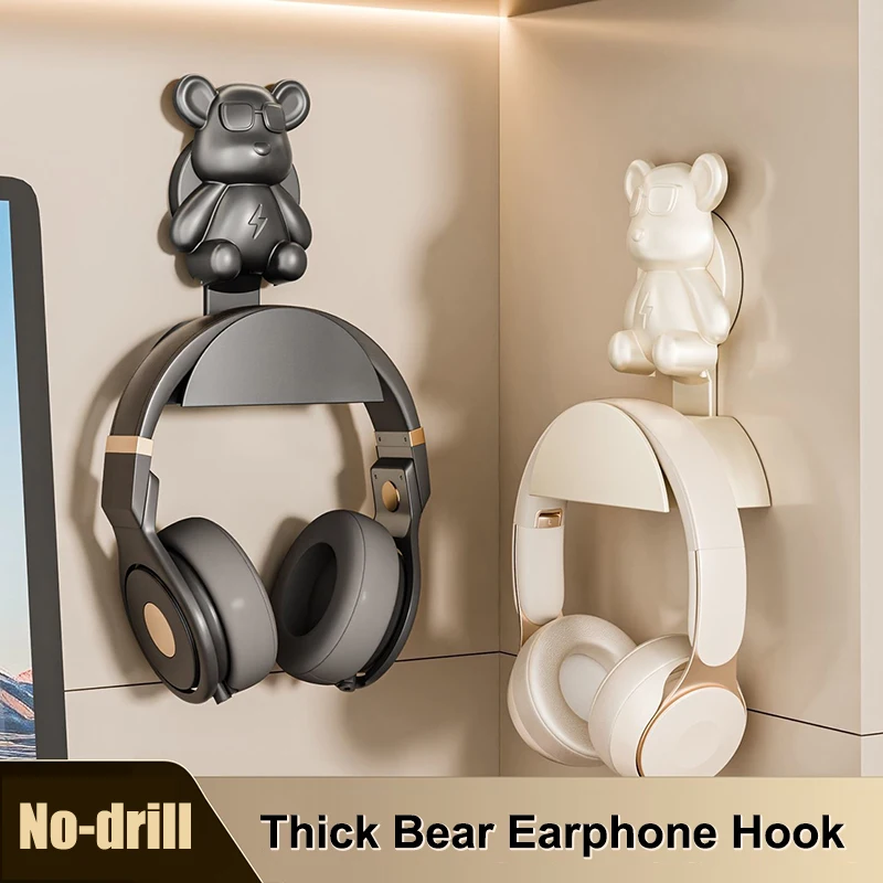 Bear Universal Headphone Stand Adhensive Plastic Wall Mount Hanger Under Desk Headset Rack Holder Support Game Earphone Bracket