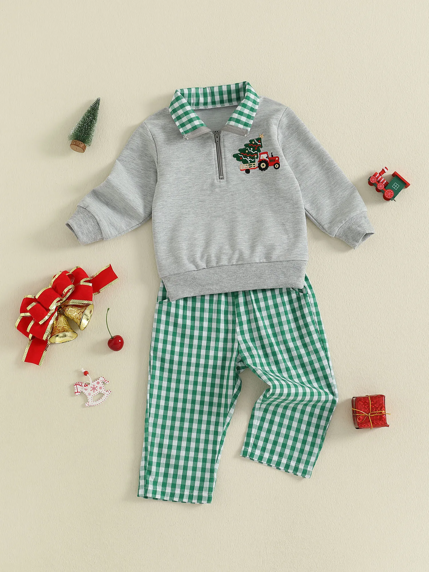 FOCUSNORM 0-4Y Casual Baby Jungen Weihnachten Kleidung Sets Weihnachten Baum Stickerei Langarm Revers Zip Pullover Tops + Plaid Hosen – Detail 4