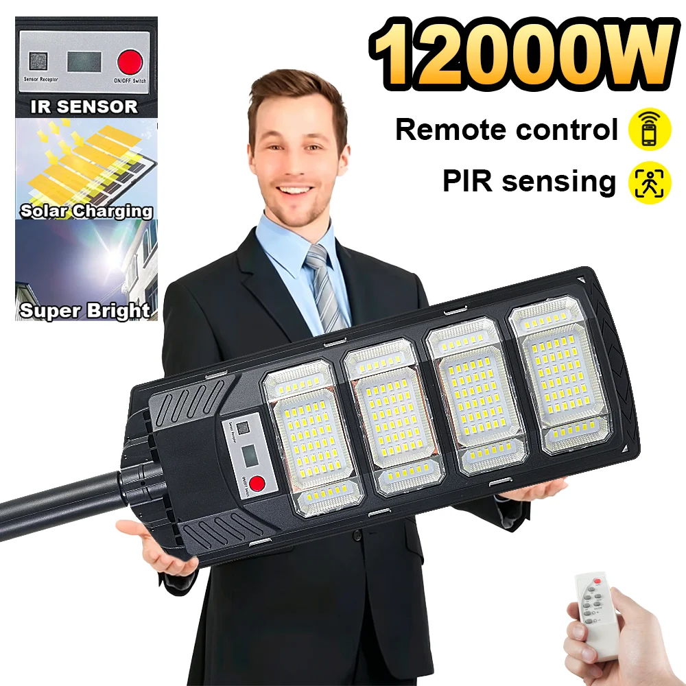 12000W Outdoor Solar Lamp Ultra Powerful Solar Street Light 320° Wide Range Dusk to Dawn Lighting IR Sensor Backyard Garden Yard