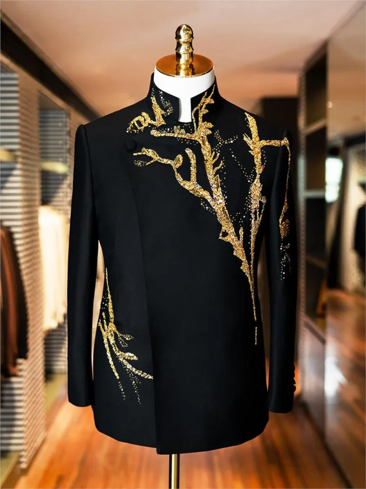 A stand-up collar handcrafted beaded Zhongshan style men's new Chinese-style suit