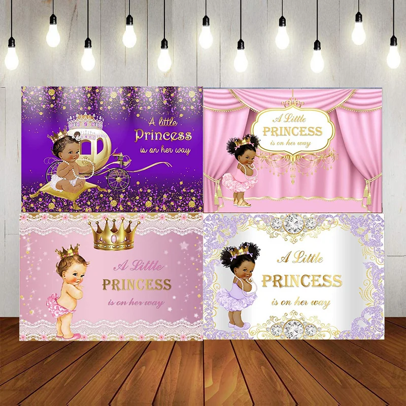 Royal Princess Party Pink Custom Birthday Backdrop Blue Photo Background Decoration Banner Studio Kits Crown Wallpaper Gold