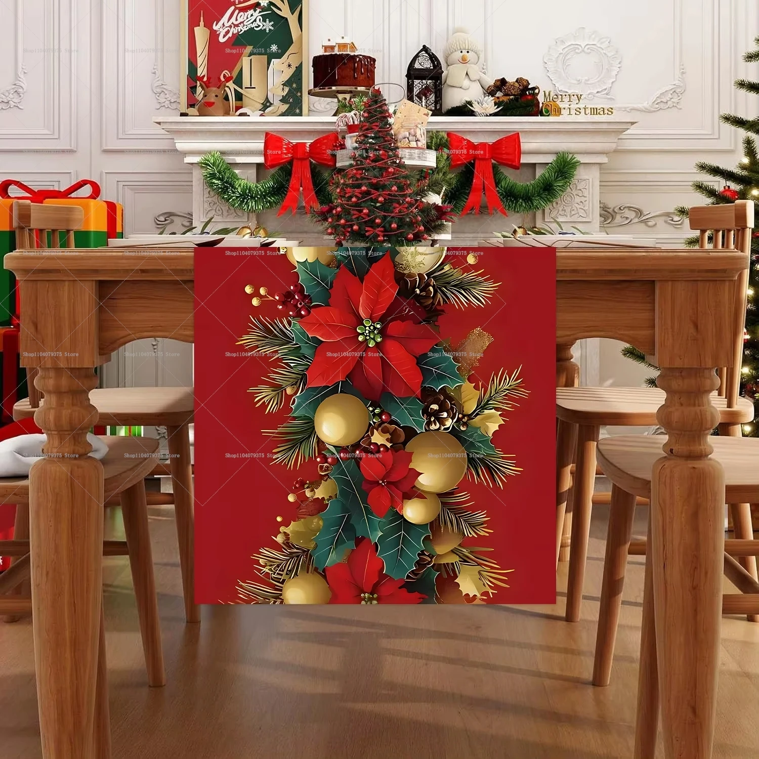 

1Pc Christmas Red Leaf Golden Ball Polyester Table Runner Xmas Holiday Poinsettia Gold Ball Table Flag New Year Gift 2026