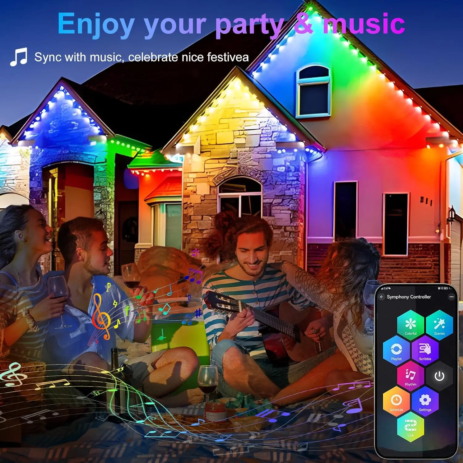 Trwałe światła zewnętrzne z 90 diodami LED Eaves Lights Smart App/Remote RGB Light String DIY Scene Modes Full House Holidays Decor