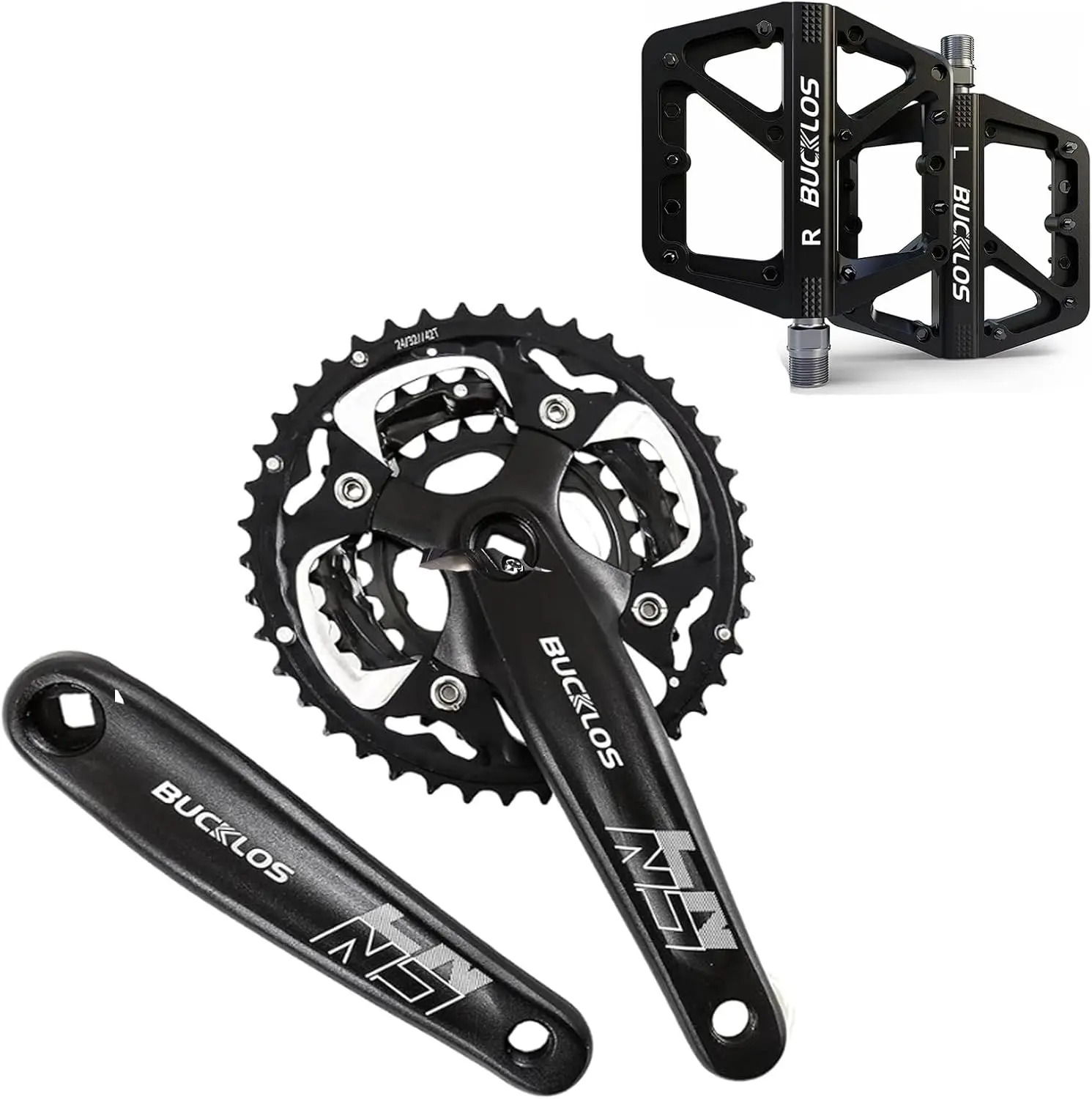 

MTB Crankset Square Taper with 22/24/26/32/38/42/44T Chainring Set and BMX Pedal Mountain Bike Pedals Flat MTB Pedals, Lightweig