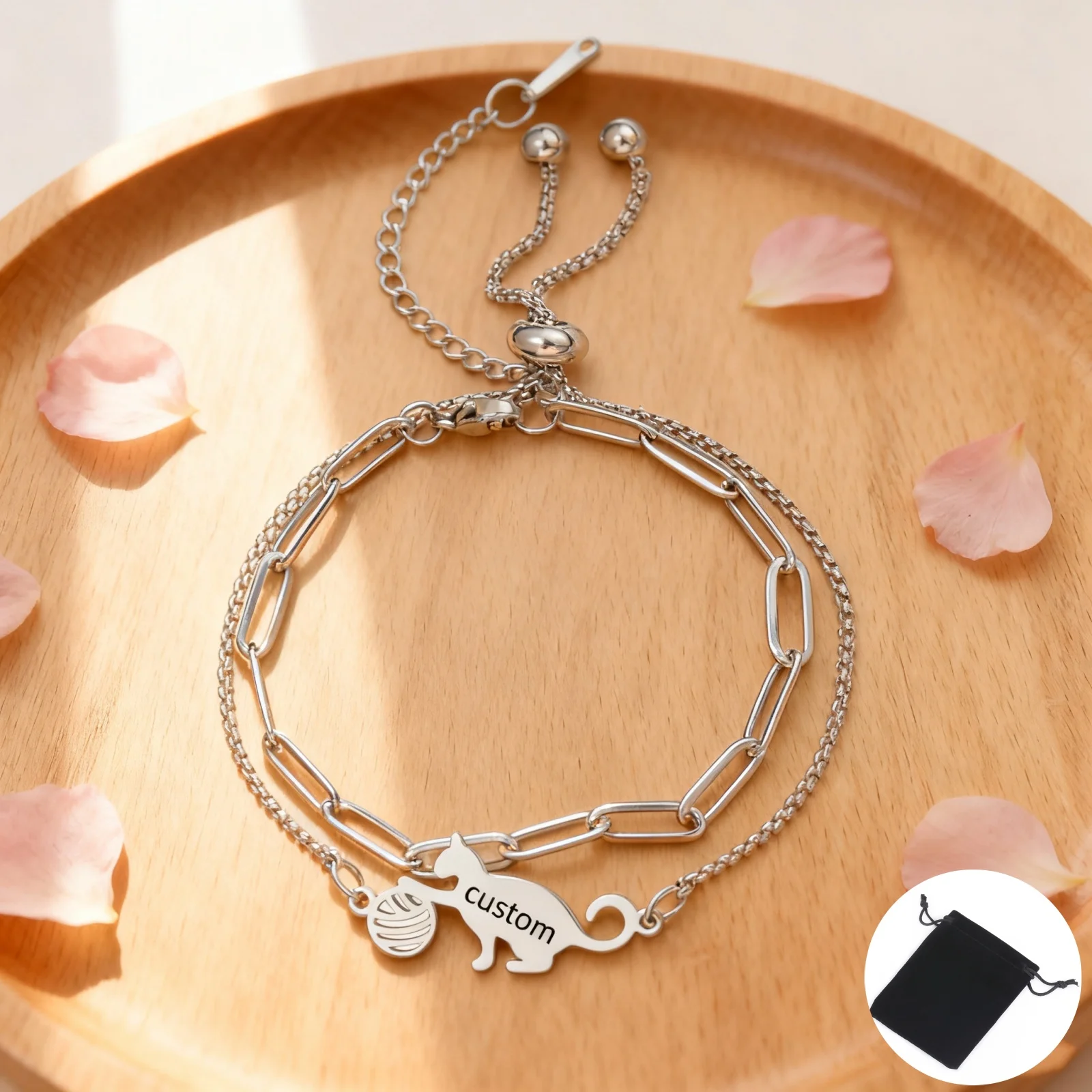 Customized Name Date Cat Play Ball Bracelet Stainless Steel Personalized Play Thread Ball Cat Charm Bracelet Party Jewelry