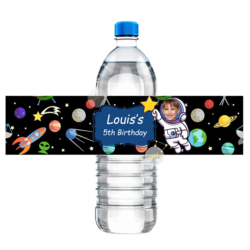 30pcs Custom Outer Space Theme Bottle Labels Astronaut Rocket Galaxy Birthday Party Baptism Decorations Personalized Name Text