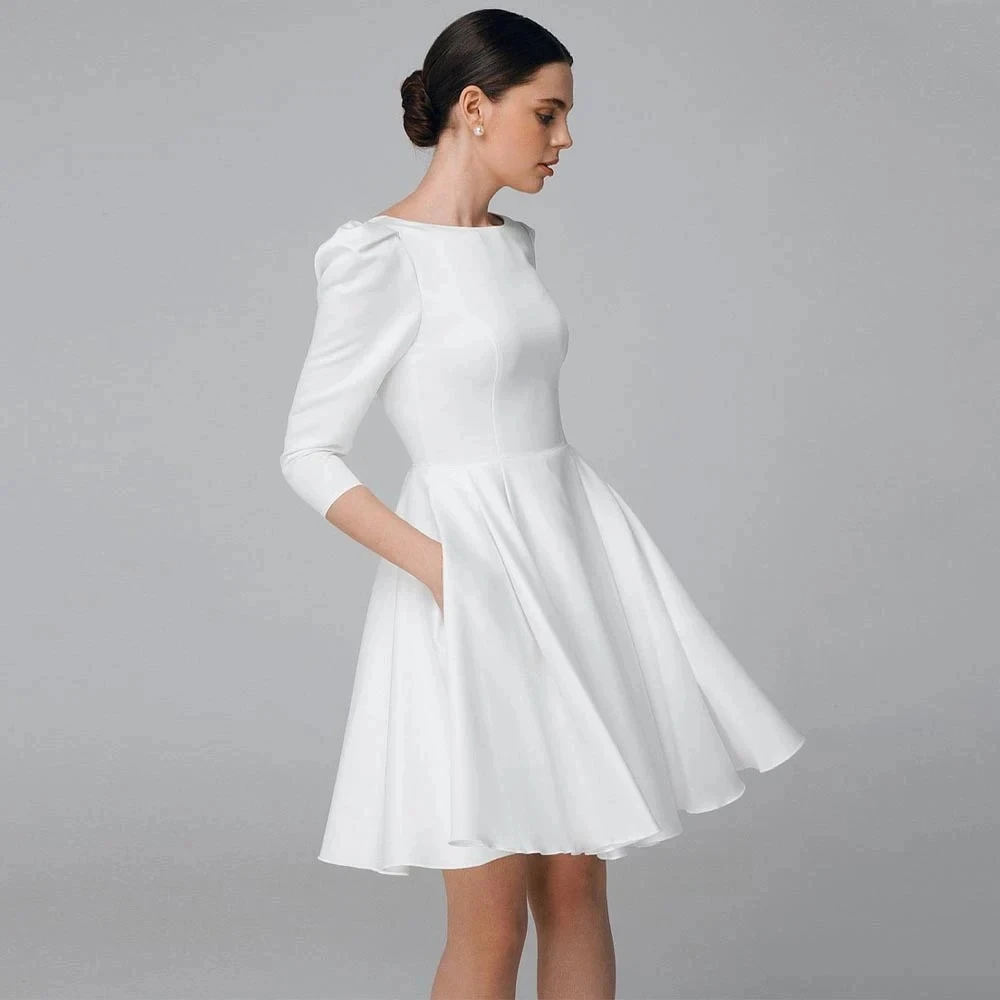 

Simple Short Wedding Dress O Neck 3/4 Sleeves A Line Satin Bridal Party Gown for Bride Vestidos De Noiva