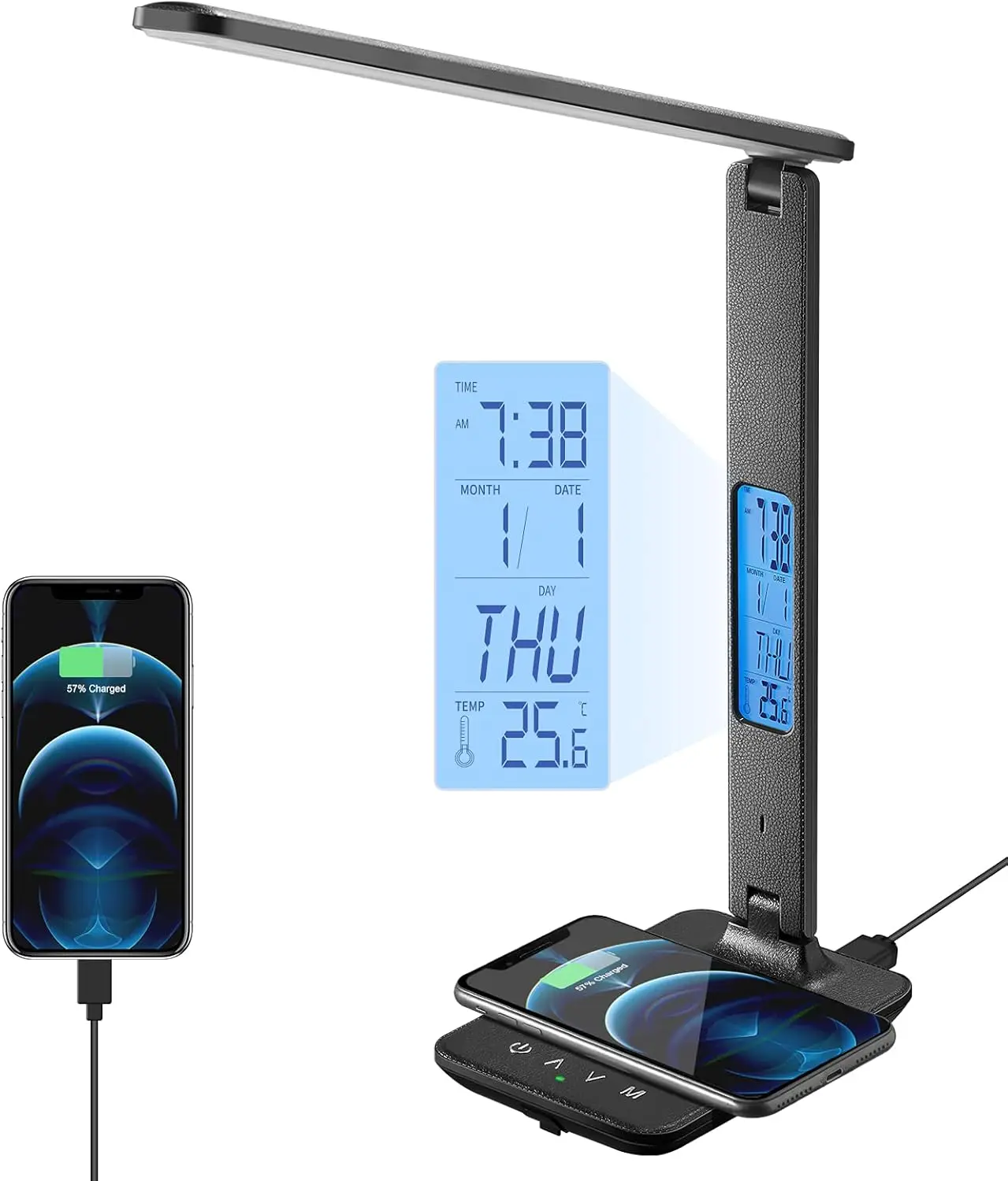 

Светодиодная настольная лампа с беспроводной зарядкой, USB-портом, часами, будильником, датой и термометром - черная, для дома и офиса
