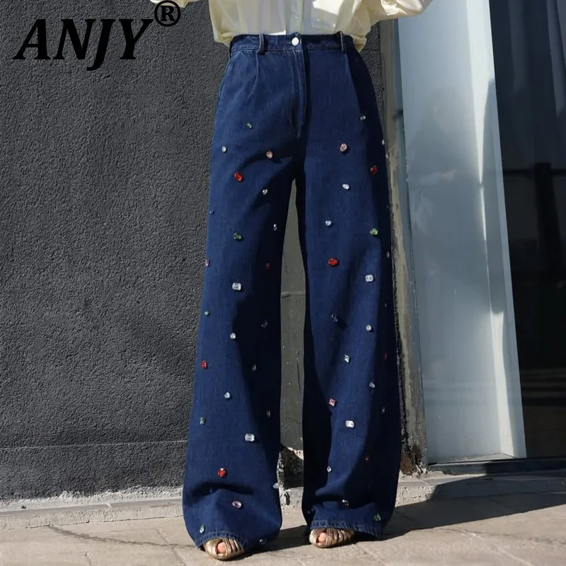 

ANJY Autumn New Women High Street Stylish Heavy Craft Studded Diamonds Jeans Casual Tide Slimming Versatile Straight Pants A8042