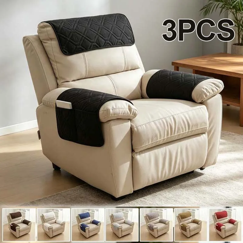 Thickened Recliner Sofa Armrest Covers with Storage Pockets 3PCS Non-Slip Headrest Protector for Chair Couch Washable 38x57cm