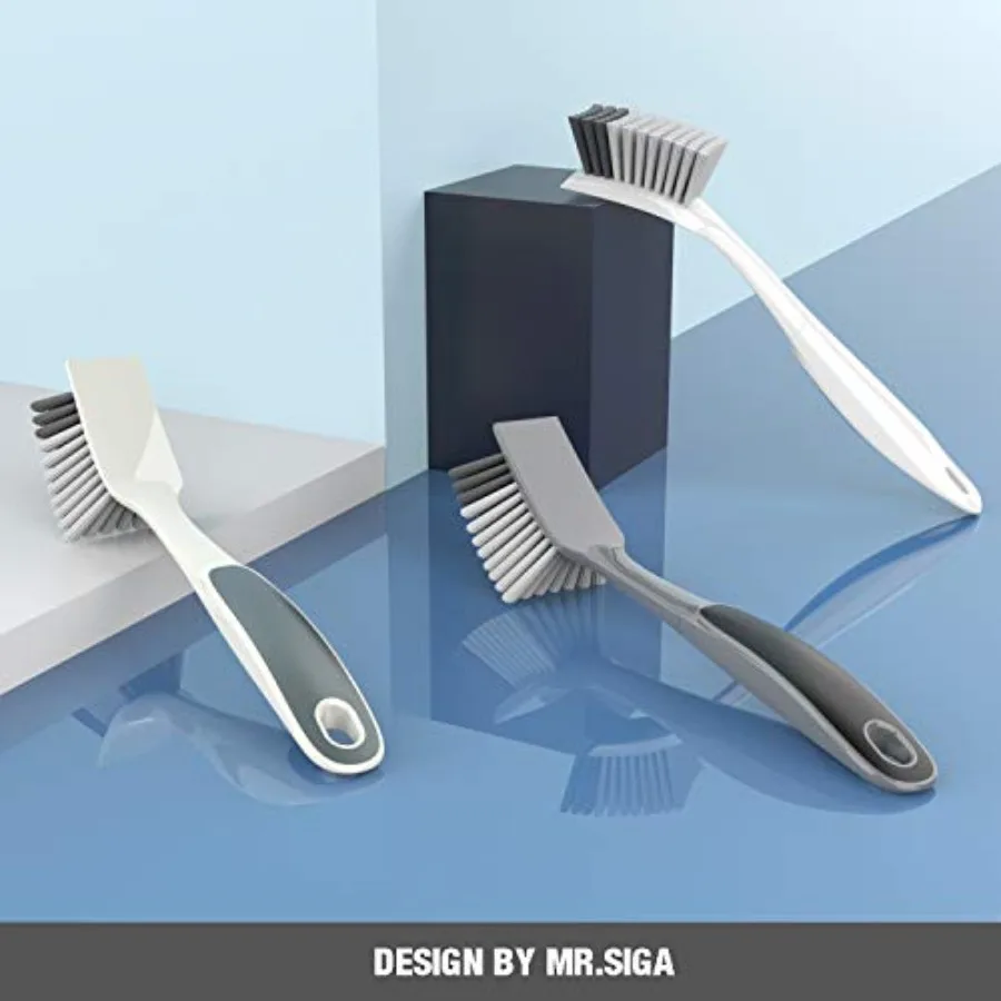 Dish Brush with Non Slip Handle Built in Scraper, 2 Pack Dish scrubber for pans, pots, kitchen sink cleaning