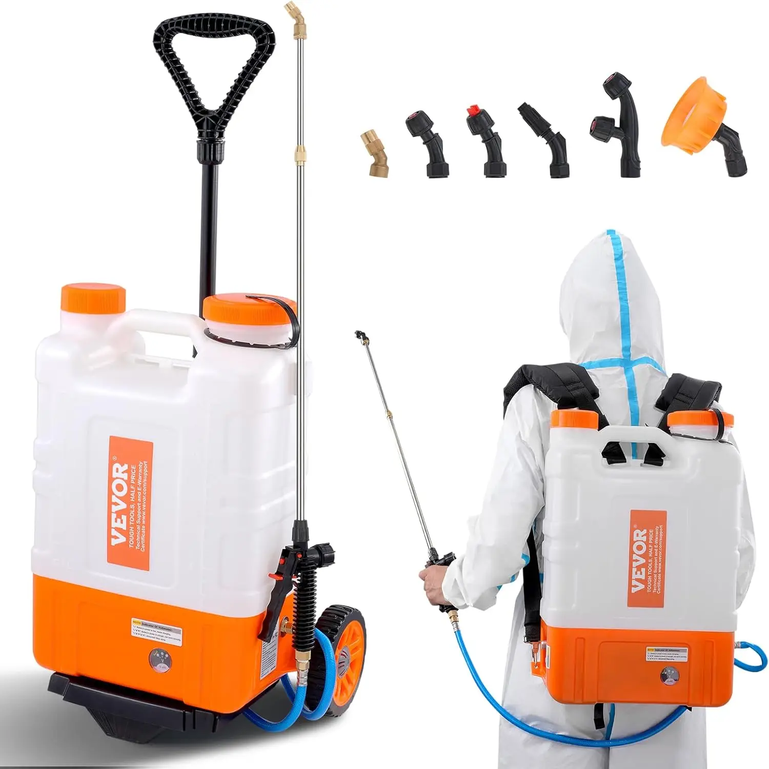 4 Gallon Battery Powered Backpack Sprayer with Wheeled Cart Adjustable 0-94 PSI 13FT Hose 6 Nozzles 2 Wands Included