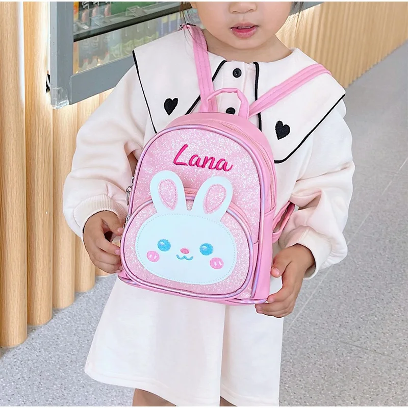 Bolso personalizado con nombre pequeño conejo para niños, mochila de princesa de dibujos animados, colorida y brillante, a la moda