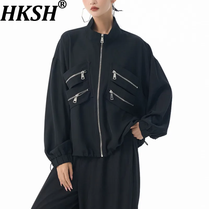 

HKSH весенне-осенняя новая женская куртка с воротником-стойкой на молнии и шнурком, универсальное элегантное модное уличное повседневное пальто HK15491