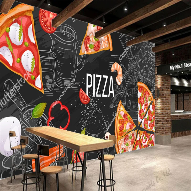 Custom Blackboard Pizza Mural Industrial Decor Wall Paper Fast Food Restaurant Snack Bar Background Wallpaper Papel De Parede