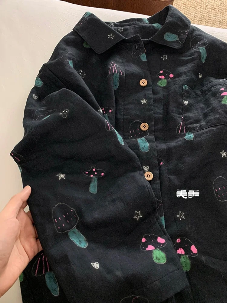 Cartoon Mushroom Print Sleepwear Couple Matching Long Sleeve Pure Cotton Home Clothes Set for Men And Women in Black Color