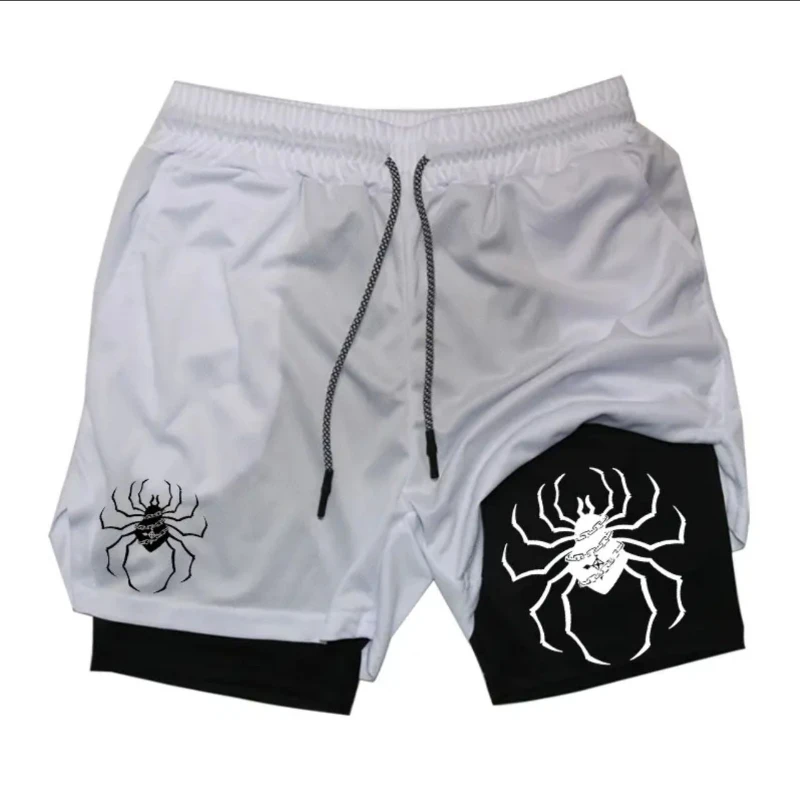 European and American Dark Spider Printed Men's 2-in-1 Double Layer Shorts for Fitness, Running, Sports and Leisure