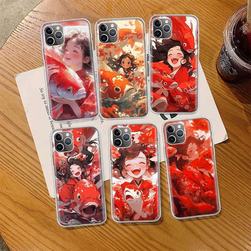 Red Lucky Koi Fish Girl Phone Case For Iphone 14 13 15 16 Pro Max Plus Apple 11 12 Mini X XS Max XR Clear Cover Shell Coque Sili